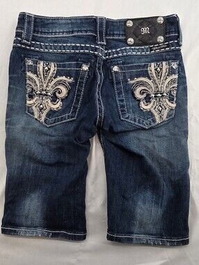 Miss Me Fleur De Lis Bling Bermuda Denim Shorts Women 25 EUC